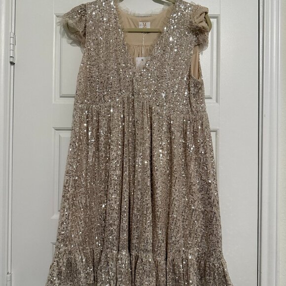 NWT M by MNK Champagne Sequin Dress Size L - Picture 1 of 12